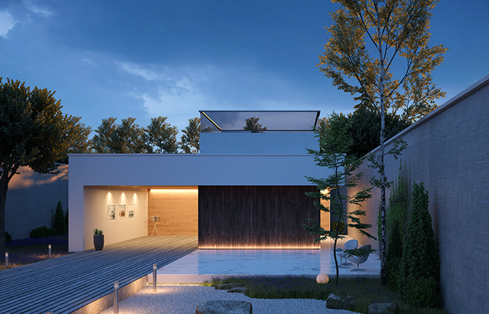 落ち着いた光を灯すシックな外観