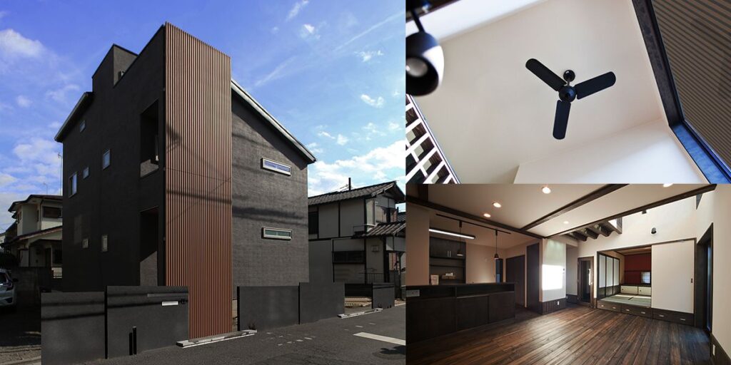 屋根裏と屋上のある2.5建てシンプル和モダンの黒い家