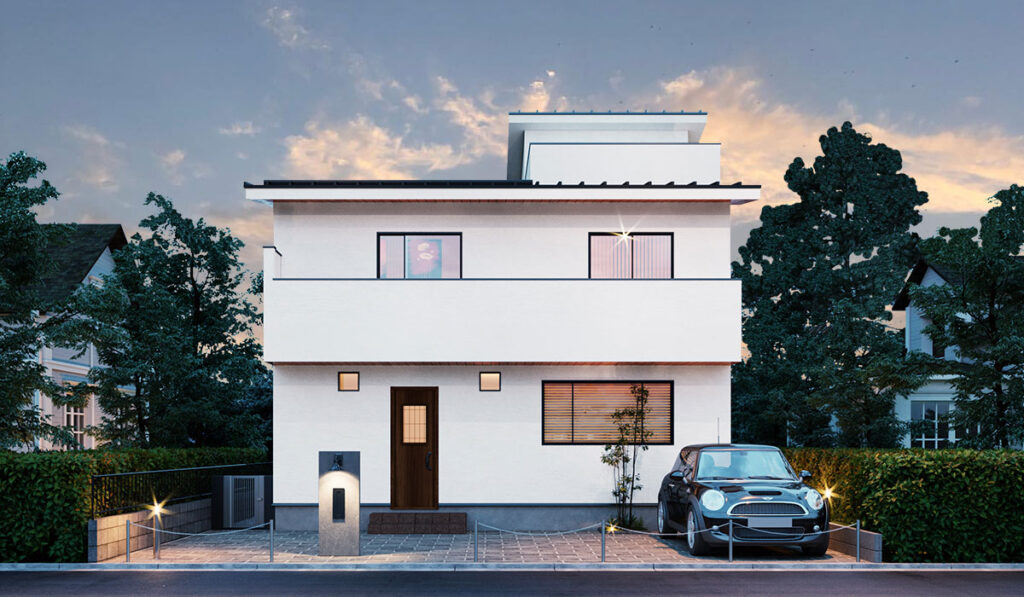 屋上テラスのあるナチュラルシックな４層住宅の無垢の家