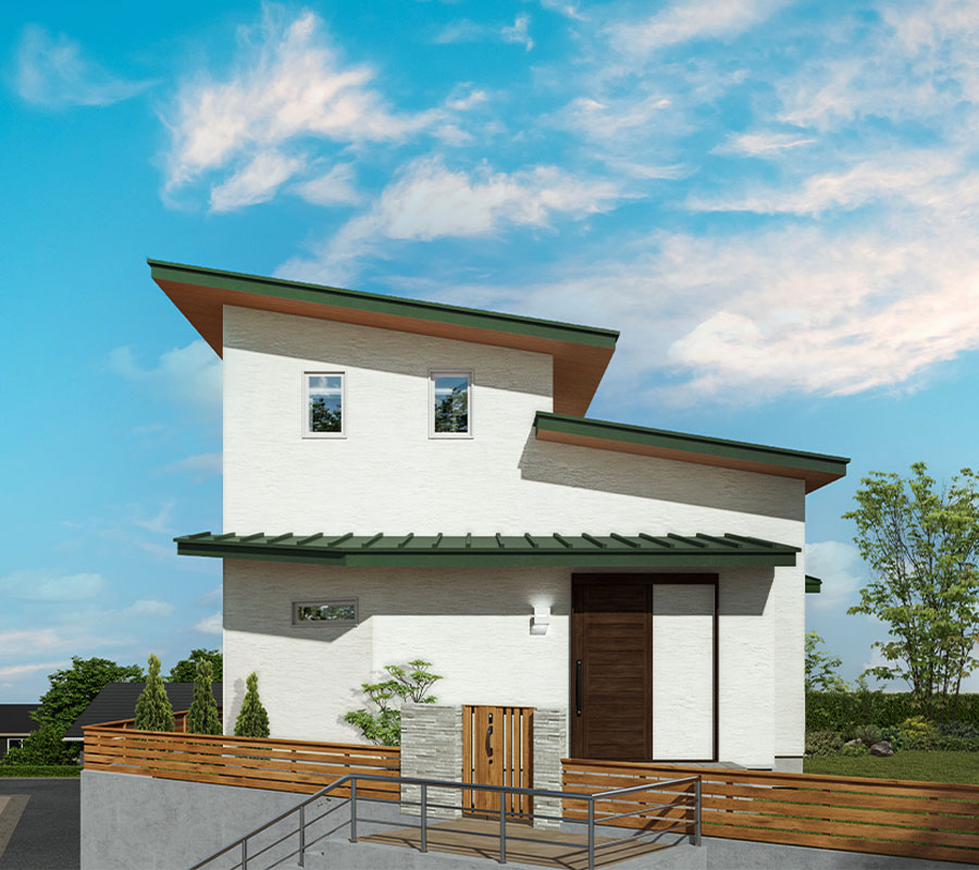 中庭を囲むコの字型のシンプルモダンの無垢の家