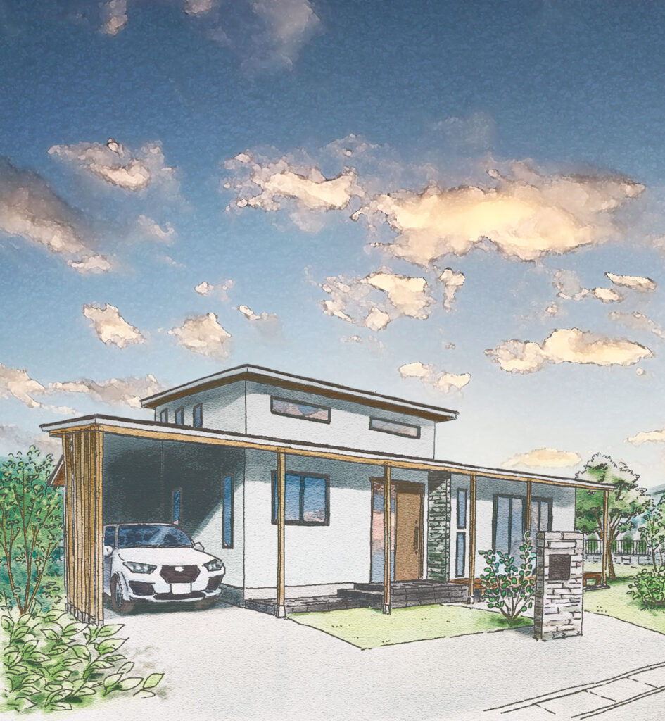 開放的なリビングテラスと快適なロフト空間のある1.5階建て平屋住宅