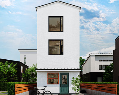 芸術家夫婦が住まう2階リビングの都心3階建て店舗併用住宅