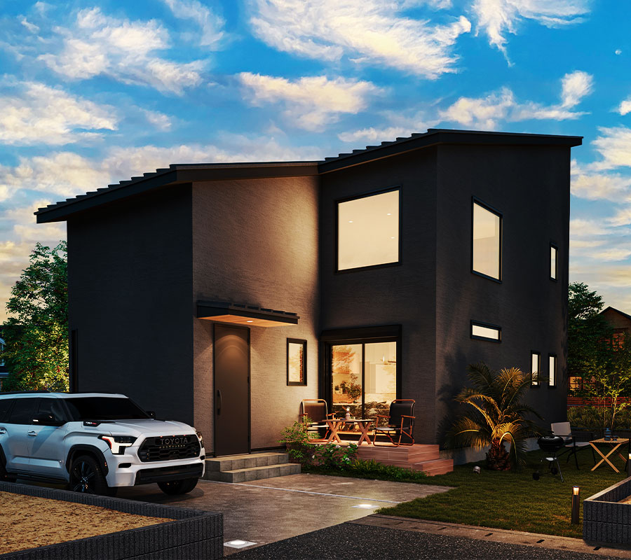 開放的なアウトドアリビングのあるナチュラルモダンな無垢の家