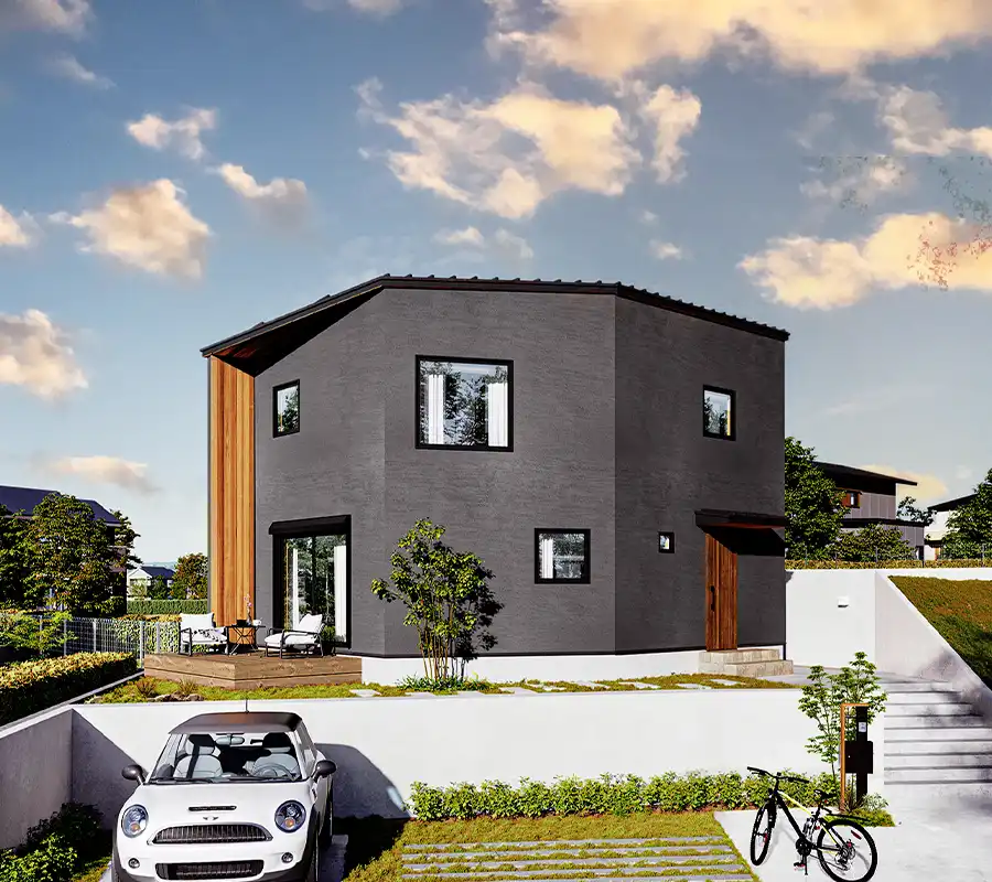 2つのワークスペースと吹き抜けリビングのあるシンプルモダンの無垢の家