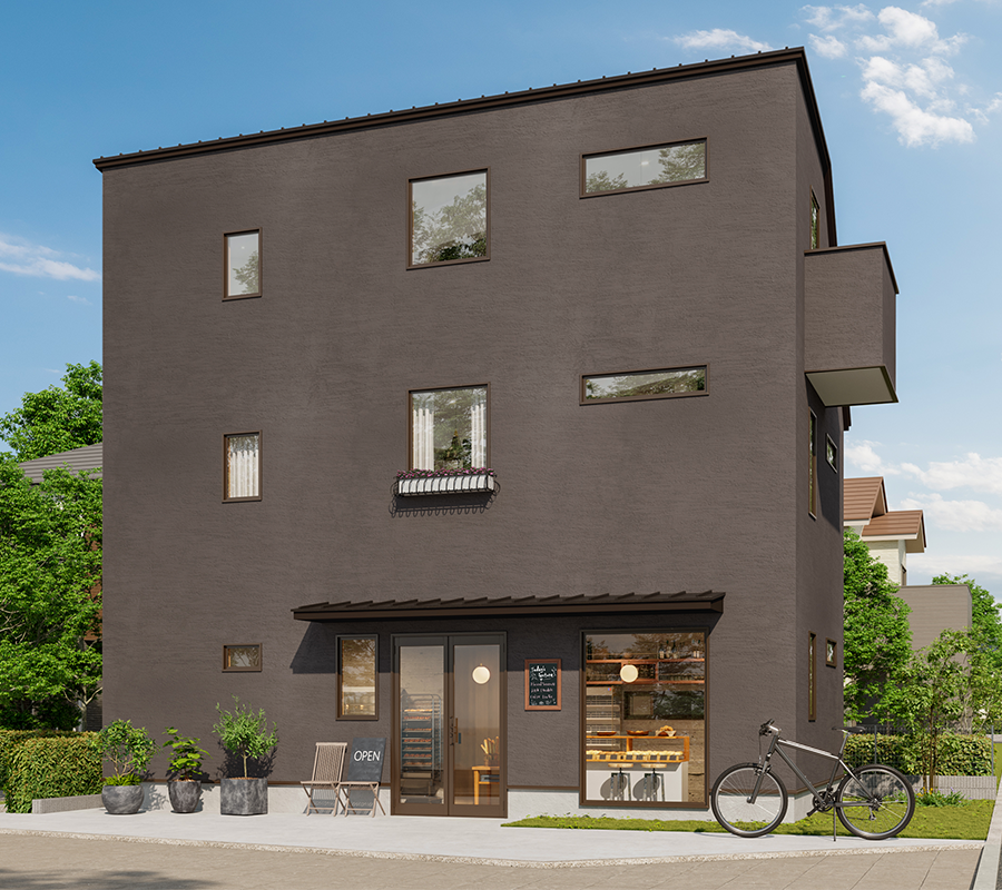 パン屋さんの店舗併用３階建ての無垢の家