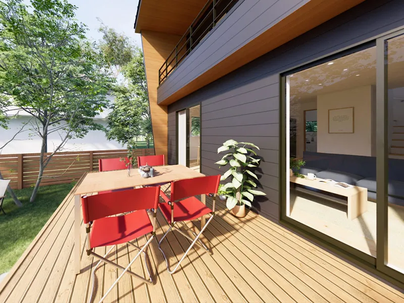 リビングから繋がるウッドデッキテラス