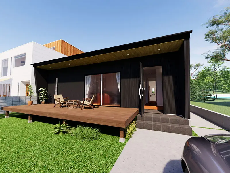 リビングに連なるウッドデッキ