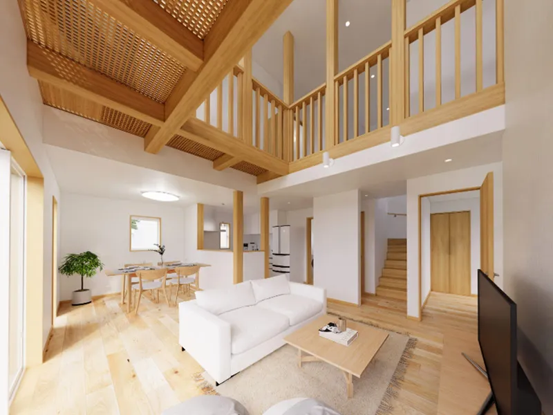 大きな吹き抜けのある開放的なリビング