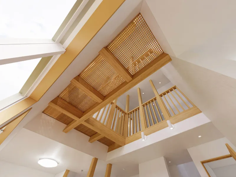 吹き抜けの最大の魅力といえば、天井を高くとれる開放感と、太陽の光がたっぷりと入る明るさ。2階の大きな窓から降り注ぐ光が、優しくリビングを包み込みます。 極上の空間とも言える理想を叶えたリビングで、家族がのびのびと過ごすことができます。また、リビングとひと続きの畳コーナーでは日常的に和の風情を感じることができます。