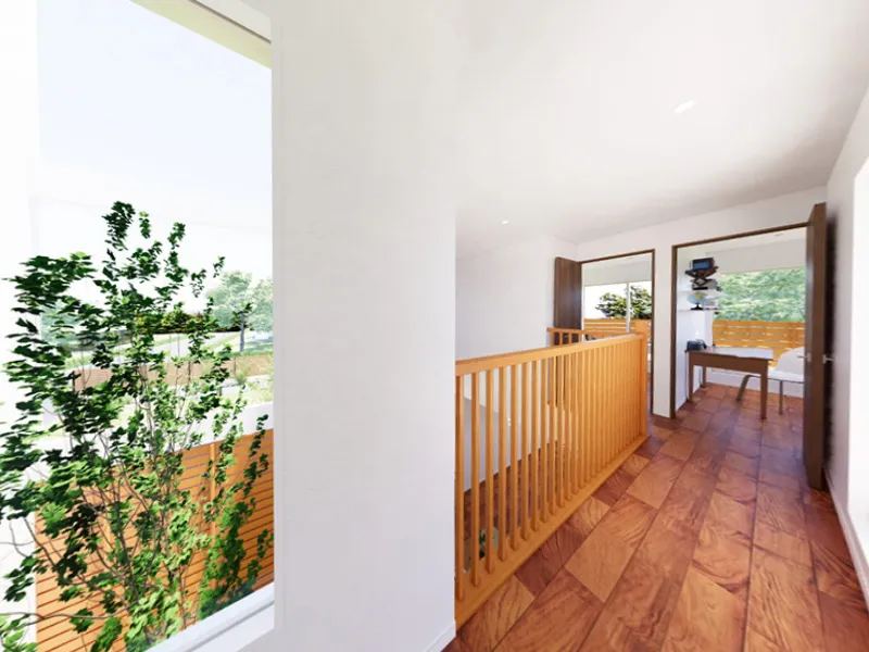 1階リビングや2階バルコニーのハブ機能を持った2階ホール